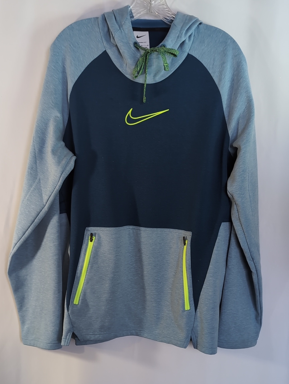 NEW Men's Nike Therma-Fit Two Tone Blue Pullover Hoodie w/ Neon Swoosh L Large